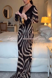 City Night Chiffon Colorblock Animal Print Tie-up Long Sleeve Maxi Dress