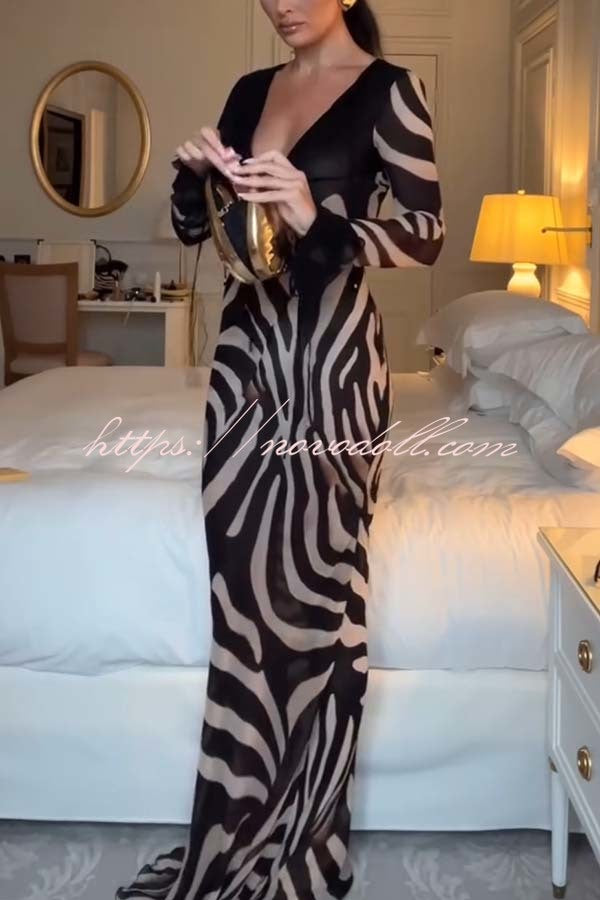 City Night Chiffon Colorblock Animal Print Tie-up Long Sleeve Maxi Dress