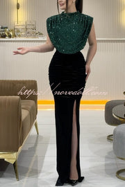 Fall Into You Sequin Velvet Patchwork Ruched Slit Stretch Maxi Dress