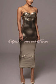 Visions of You Metallic Fabric Cowl Neck Removable Straps Stretch Midi Dress