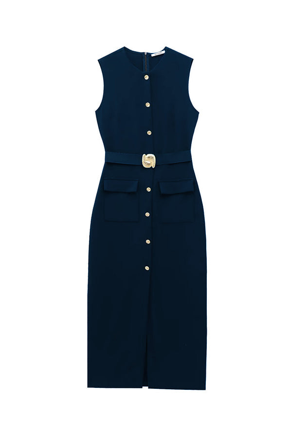 Danina Button Up Sleeveless Metal Belted Pocket Stretch Midi Dress