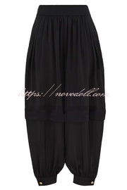 Esella Satin Gathered Waist Pocket Button Ankle Cuffs Harem Pant