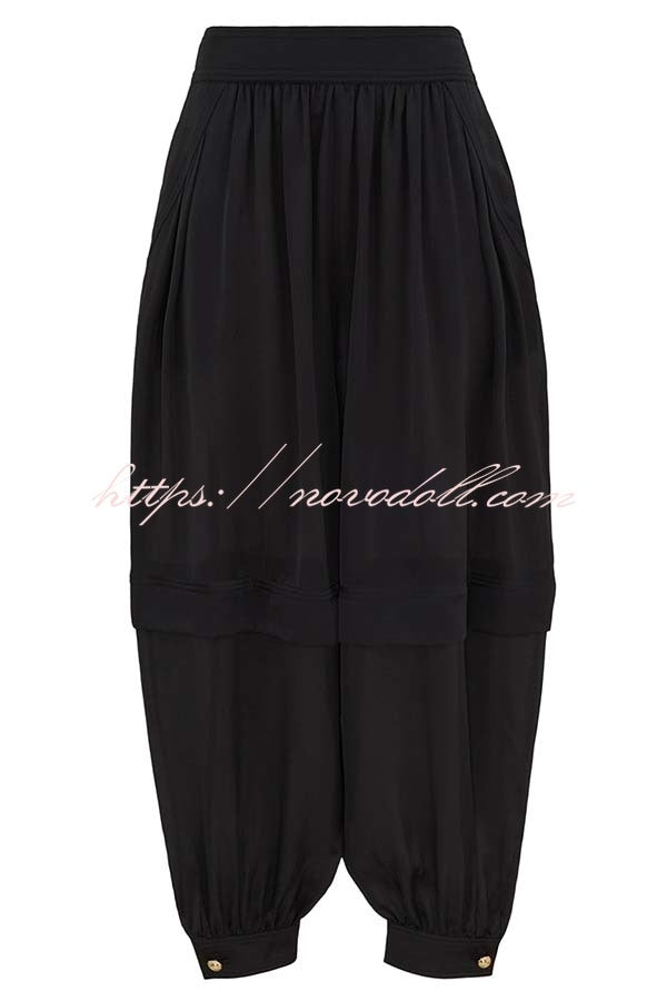 Esella Satin Gathered Waist Pocket Button Ankle Cuffs Harem Pant