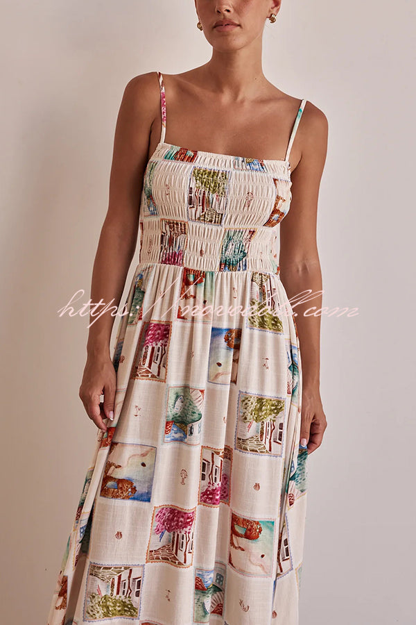 Unique Printed Sling Backless Elastic Pleated Maxi Dress