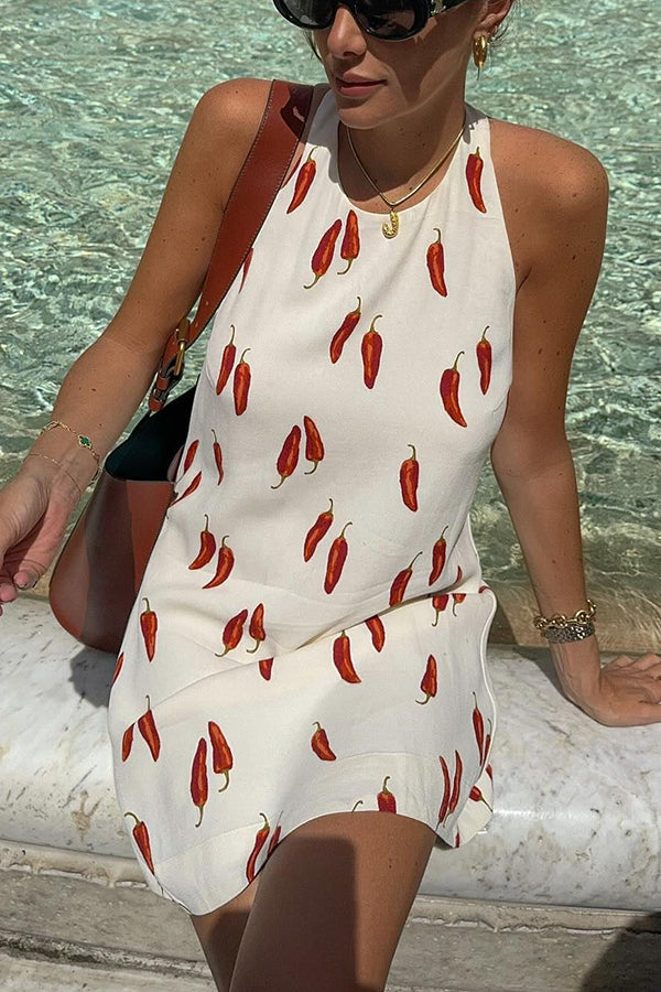 Spicy Summer Chili Pepper Unique Print Soft Fabric Halter Loose Mini Dress