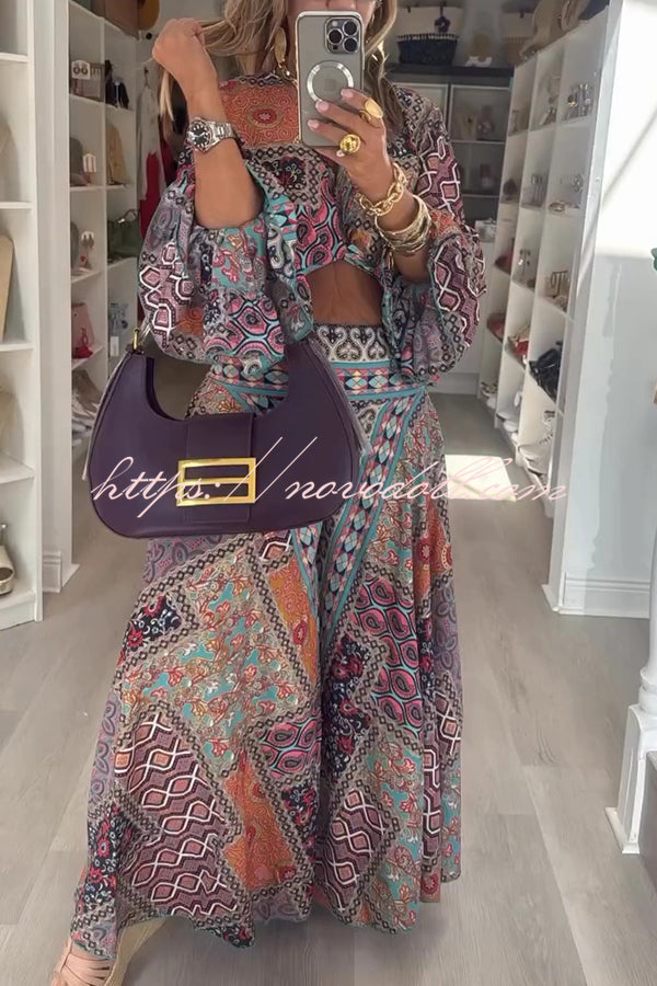 Unique Boho Ethnic Print Balloon Sleeve Crop Top and Elastic Waist Wide-leg Pants Set