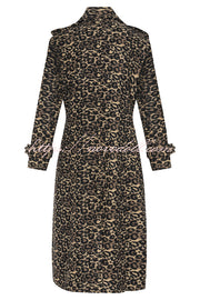 Leopard Affair Animal Print Epaulettes Long Sleeve Pocketed Lapel Midi Trench Coat