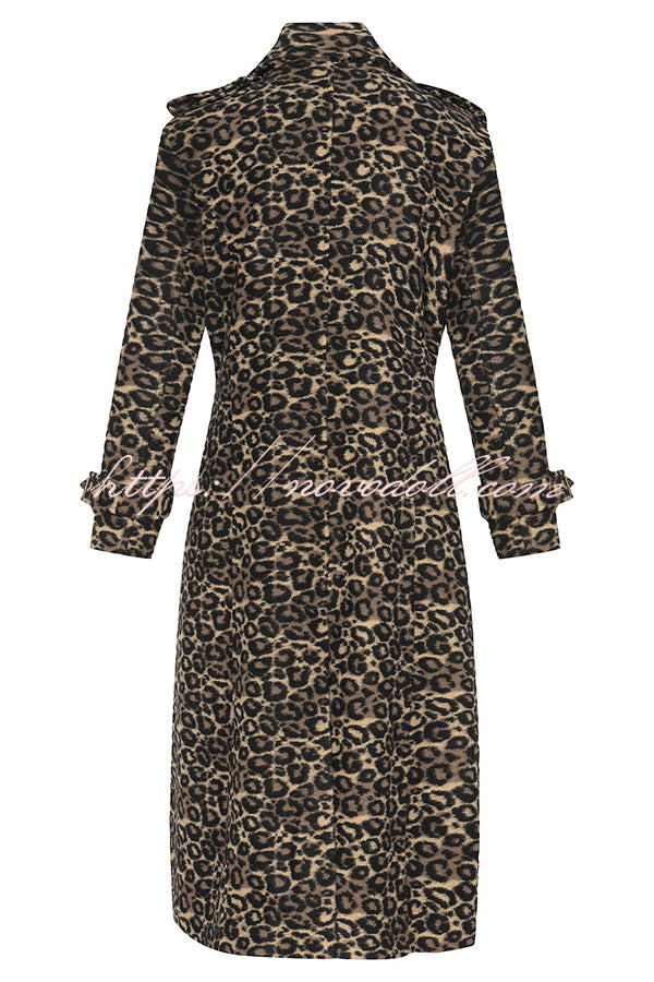 Leopard Affair Animal Print Epaulettes Long Sleeve Pocketed Lapel Midi Trench Coat
