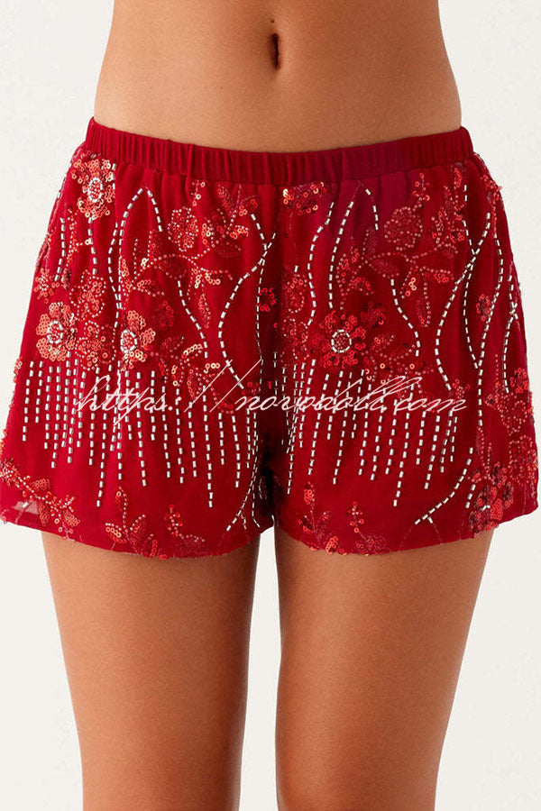 Dazzling Sequin Beaded Material Low Rise Elastic Waist Loose Shorts