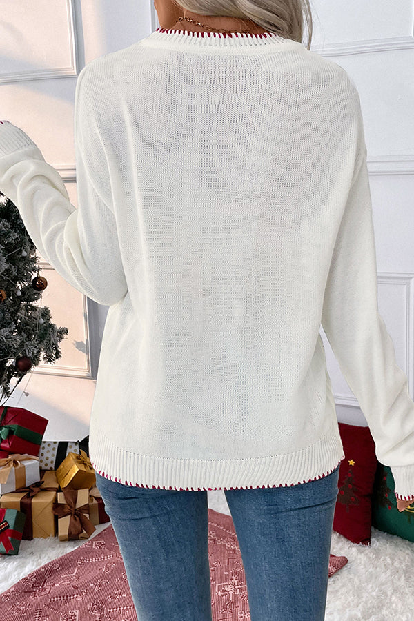 Christmas Contrasting Color Big Bow Round Neck Long Sleeve Loose Knitted Sweater