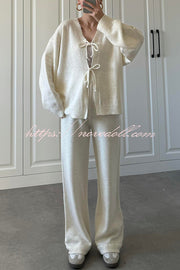 Solid Color V-neck Tie Long-sleeved Loose Knit Cardigan and Elastic Waist Casual Straight Leg Pants Set
