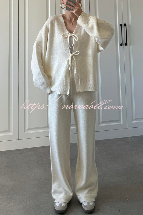 Solid Color V-neck Tie Long-sleeved Loose Knit Cardigan and Elastic Waist Casual Straight Leg Pants Set