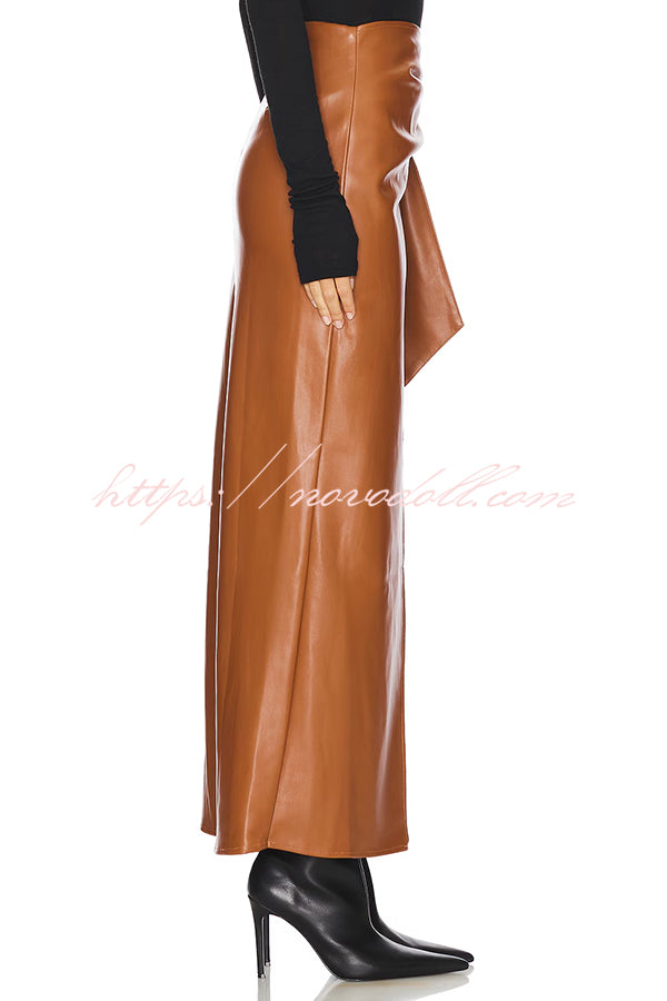 Snappy Casual Slay Faux Leather High Rise Wrap Tie-up Stretch Maxi Skirt