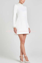 Lovers Kiss Pearl Trim High Neck Long Sleeve Pocketed Tulip Mini Dress