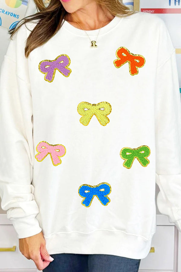Christmas Sequined Multi-colored Bow Crew Neck Long-sleeved Loose Sweatshirt