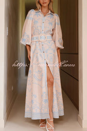 Linen Blend Lapel Puff Sleeve Casual Waist Belted Maxi Dress