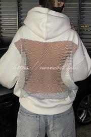 Fashionable Shiny Mesh Hollow Back Loose Long-sleeved Hooded Sweatshirt