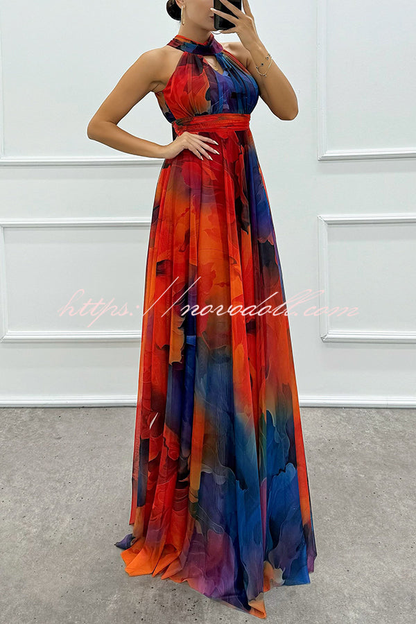 Elaine Tulle Floral Splash Print Cutout Halter Tie-up Neck Gown Maxi Dress