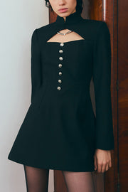 Elegant Long-sleeved Hollowed-out Button-down Slim-fit Mini Dress