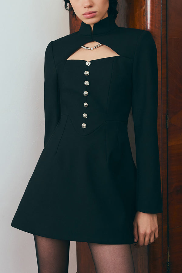 Elegant Long-sleeved Hollowed-out Button-down Slim-fit Mini Dress