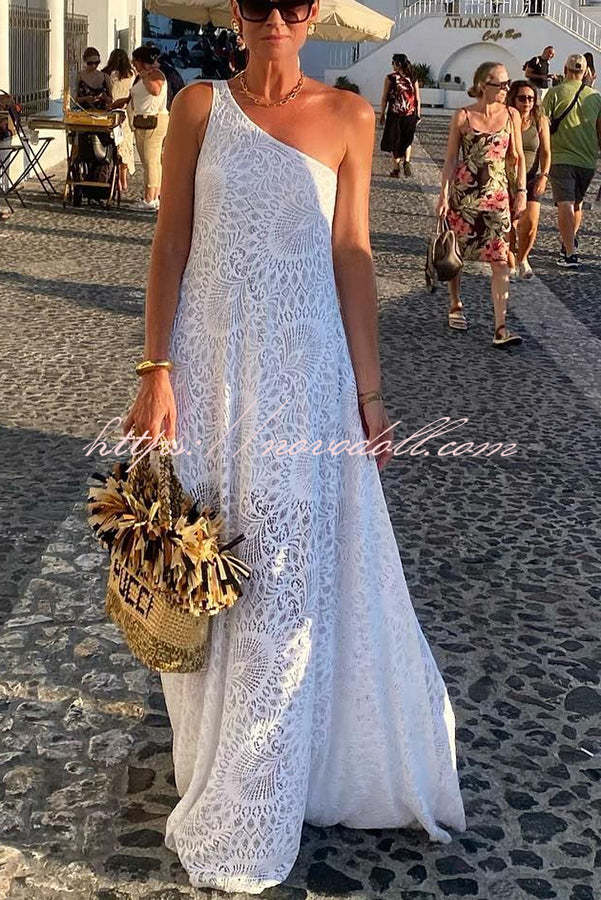 Pure Soul Unique Lace Pattern One Shoulder Slit Vacation Maxi Dress