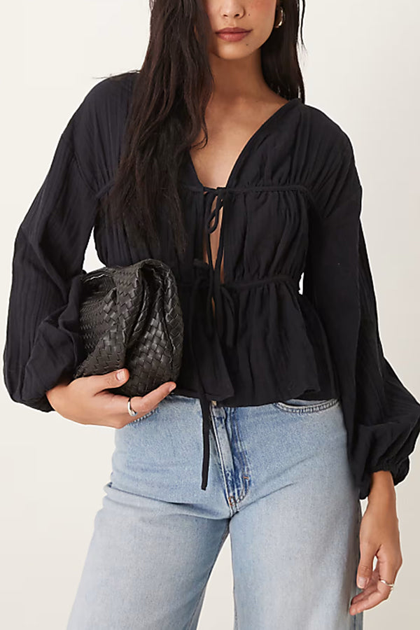 Solid Color V-neck Long-sleeved Tie-up Pleated Loose Top