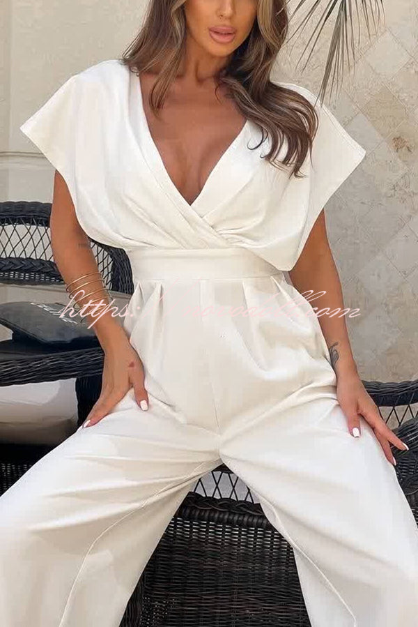 Solid Color V-neck Waist Casual Wide-leg Jumpsuit