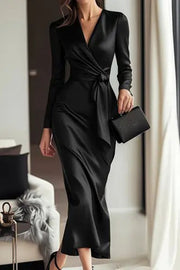 Solid Color Satin V-neck Long Sleeve Waist Tie Slim Midi Dress