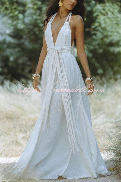 Summer Whispers Linen Blend Draped Braids Deep V-neck Halter Backless Cover Up Maxi Dress