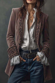 Gold Velvet Patchwork Printed Edge Long-sleeved Casual Jacket