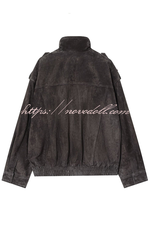 Fashionable Suede Loose Pocket Leather Jacket