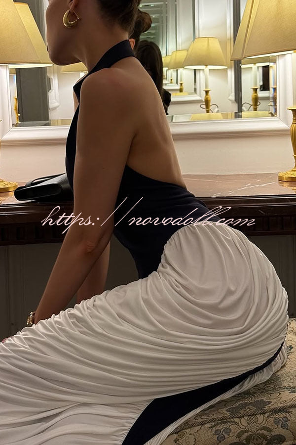 Daija Contrast Color Halter Neck Backless Side Ruched Drape Midi Dress