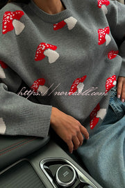 Mushroom Pattern Casual Loose Round Neck Knitted Sweater