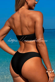 Solid Color Metal Button Decorated Stretch Two-piece Bikini Swimsuit