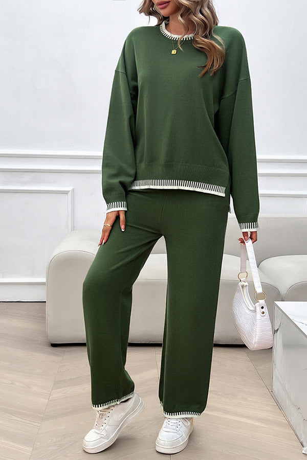 Home Casual Contrasting Color Knitted Sweater and Elastic Waist Loose Pants Set