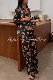 Golden Night Unique Print Color-block Trim Loose Shirt and Elastic Waist Pocketed Pajama Set