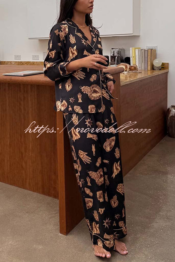 Golden Night Unique Print Color-block Trim Loose Shirt and Elastic Waist Pocketed Pajama Set