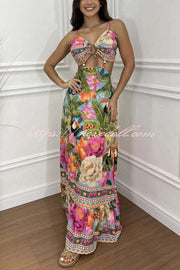 Mexico Style Tropical Print Ring Cutout Lace-up Vacation Maxi Dress