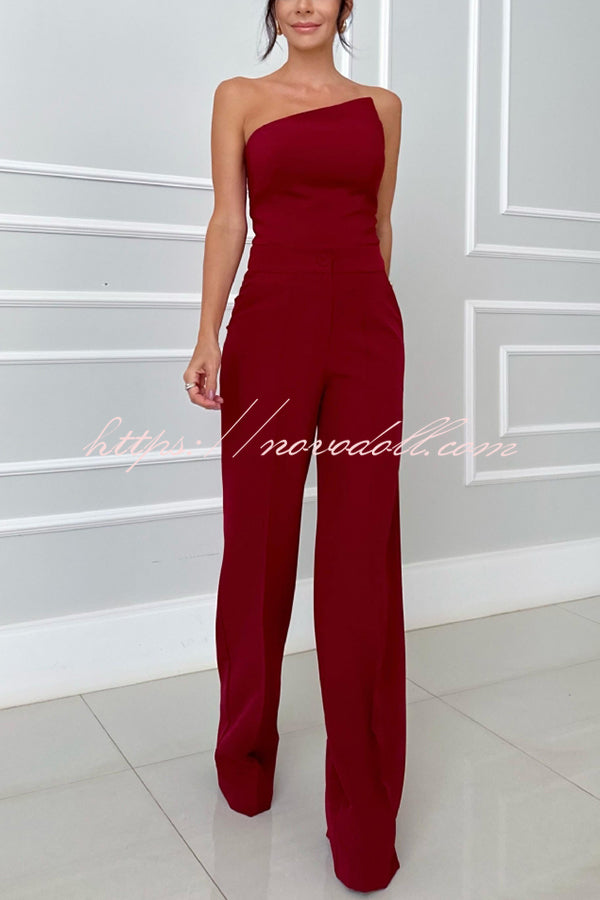 Elegant Bandeau Back Zip Cropped Top and High Waist Pocket Wide Leg Pants Set