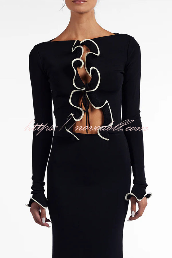 Fashion Ruffled Long-sleeved Tie-cropped Knitted Cardigan