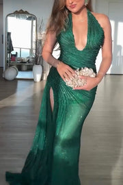 Edeita Sequin Pleated Design Deep Halter U-neck Slit Drape Gown Maxi Dress