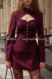 Elegant Long-sleeved Hollowed-out Button-down Slim-fit Mini Dress