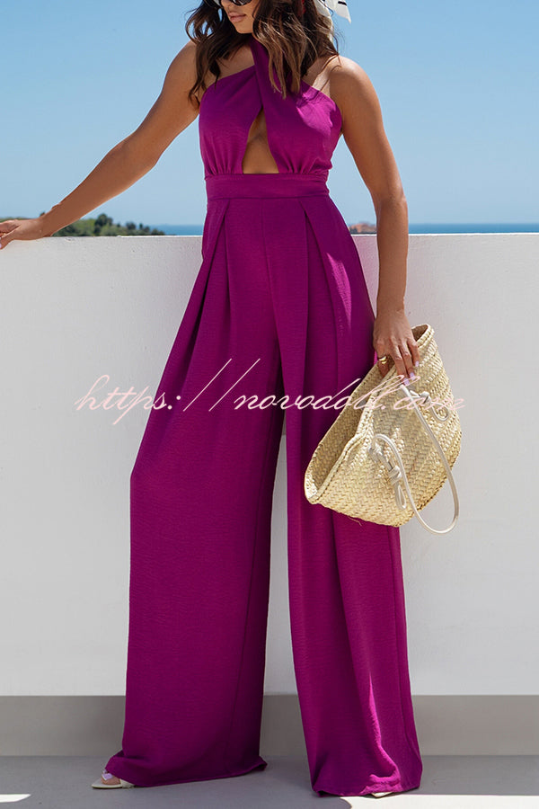 Easy Mode Cross-neck Halter Strap Backless Wide Leg Jumpsuit