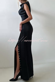 Solid Color Casual Sleeveless Crop Top and Elegant Button-down Maxi Skirt Set