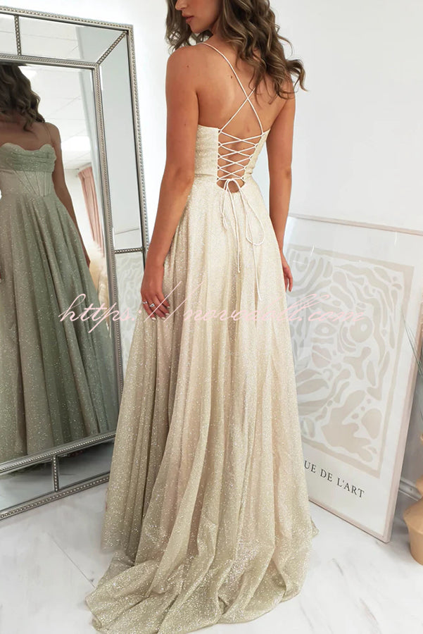 Cinderella Glitter Tulle Fabric Cowl Neck Back Lace-up Pocketed Slit Maxi Dress