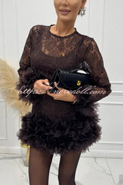 Alyssa Lace Fabric Tulle Layered Petals Trim Long Sleeve Mini Dress