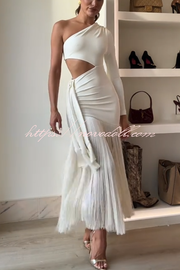 Amazing Type One Shoulder Cutout Drape Tassle Trim Stretch Maxi Dress