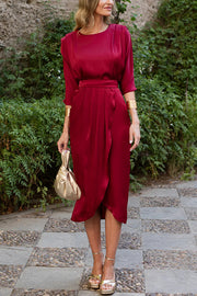 Satin Solid Color Round Neck Half Sleeve Waist Midi Dress