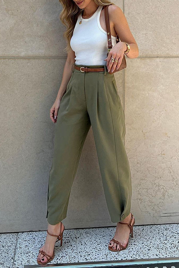 Solid Color High-waisted Belted Loose-fitting Suit Pants