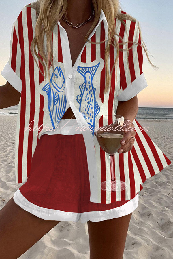 Striped Fish Print Loose Button Elastic Waist Shorts Set